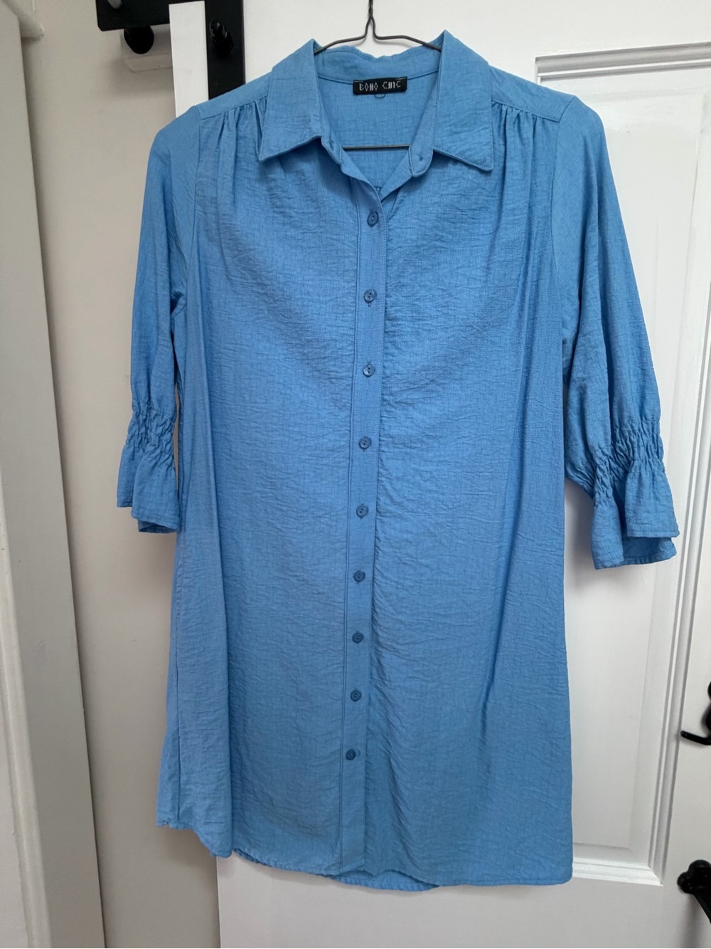 Boho Chic Blue Button-Front Midi Shirt Dress